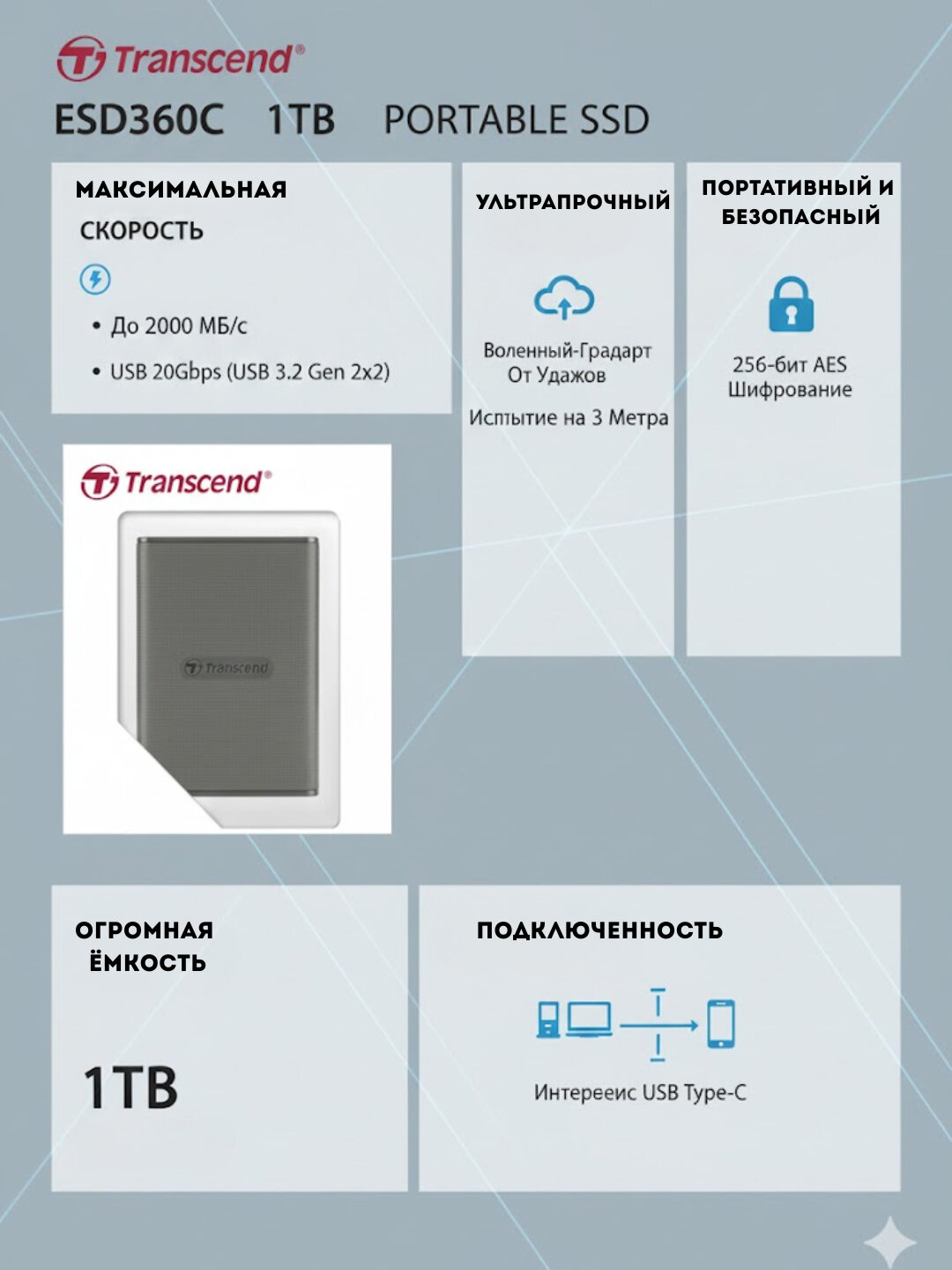 Внешний SSD накопитель Transcend ESD270C, 1 Tb