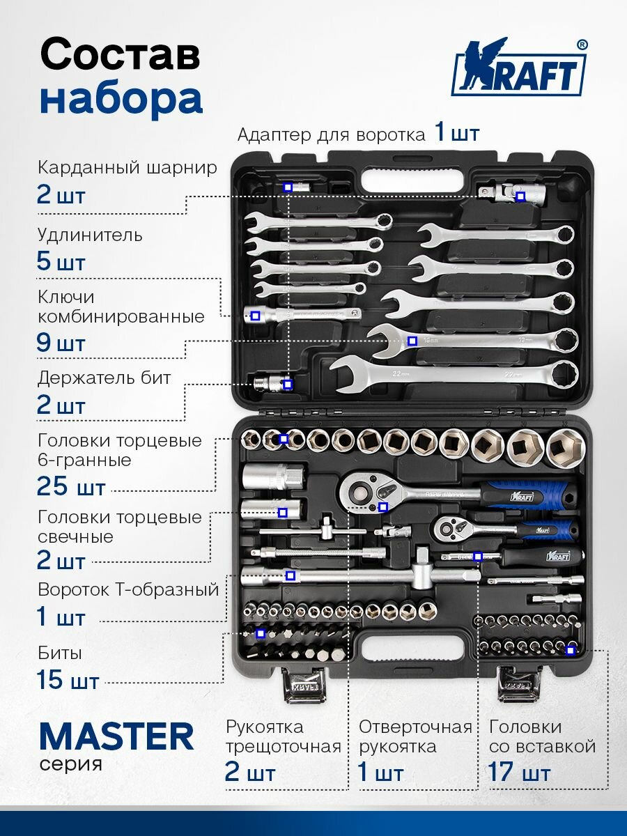 Набор инструментов для автомобиля 1/2"DR и 1/4"DR 82 предмета, Master — фото 1