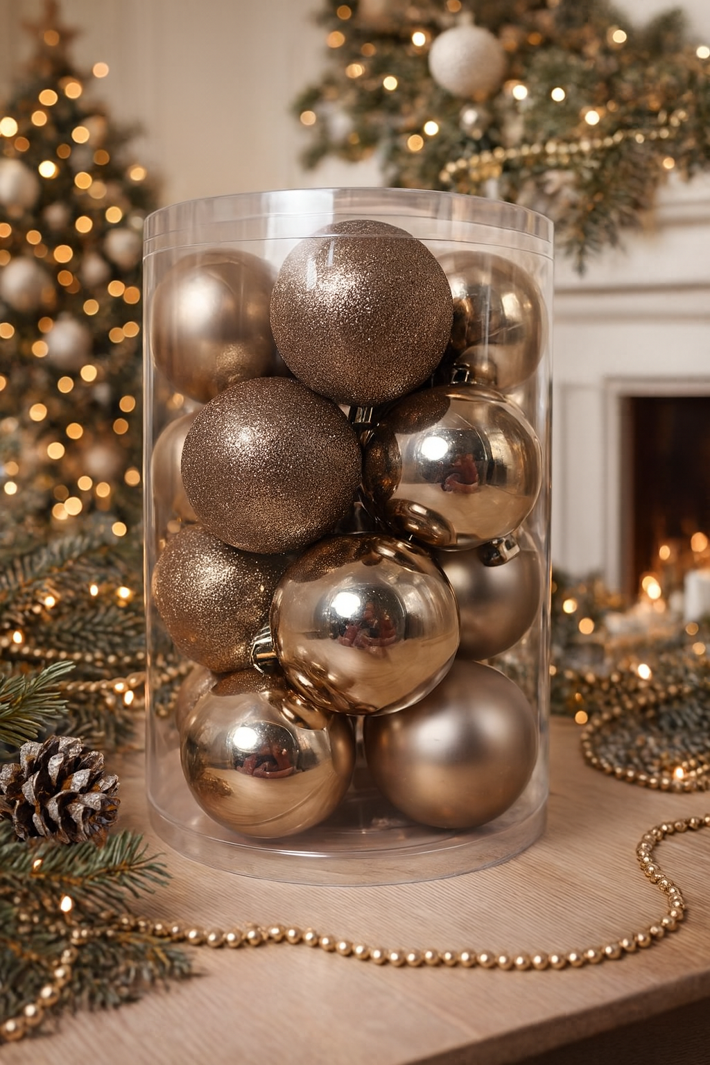 Новогодние шары из пластика с подвесом, 16 штук, 8 см, бронзовые, глянцевые, матовые, глиттерные.