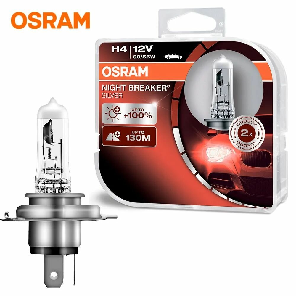 Галогеновые лампы h4 автомобильные 2 шт. OSRAM Night Breaker Silver +100% 12V 60/55W