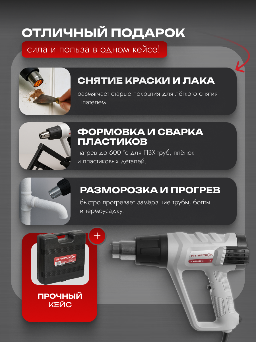 Строительный фен ИНТЕРСКОЛ ФЭ-2000ЭМ, 2000 Вт, кейс, 385.0.1.00 — фото 1