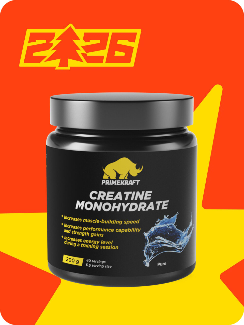 Креатин моногидрат Creatine Primekraft, 200 г, 40 порций, без вкуса, для набора мышечной массы