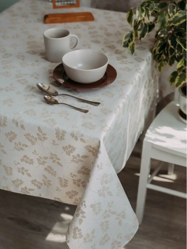 Скатерть с жаккардовым плетением растительный рисунок, лен, полиэстер, водоотталкивающая, бежевая, 148x148см