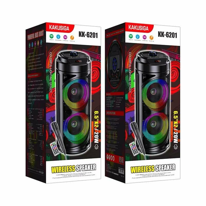 Беспроводная Bluetooth-колонка KAKUSIGA KK-6201, динамики 6.5", RGB-подсветка, с микрофоном и пультом, мощный бас, портативная акустика