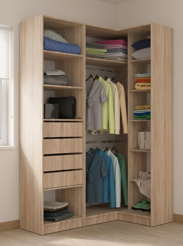 Изображение товара Открытый гардеробный угловой шкаф Макс-14 с 2 штангами, 11 полками и 4 ящиками, ШхГхВ: 160х100х210 см, дуб сонома