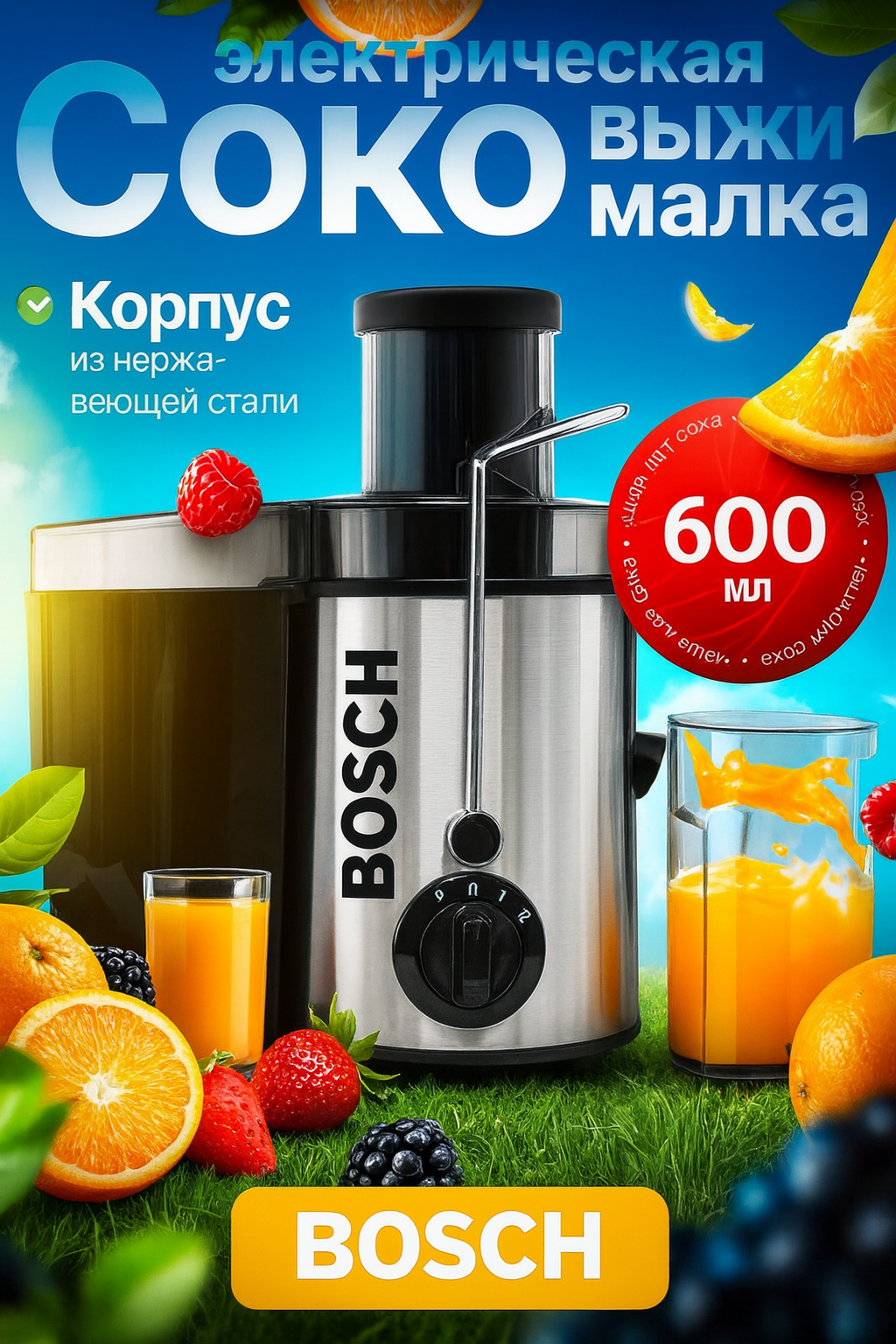 Соковыжималка от компании "BOSCH", 3 режима скорости, 600 мл