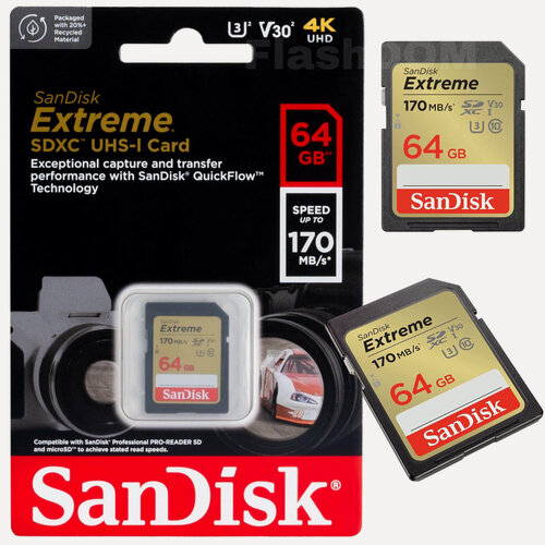 Изображение товара Карта памяти SanDisk Extreme SDXC 64 ГБ Class 10 UHS-I U3 V30 (R/W 170/80 Mb/s)