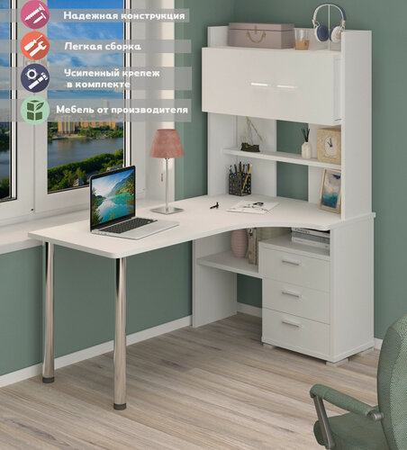 Изображение товара Стол компьютерный Мэрдэс СР-133-160 бе-прав Белый, угловой, с ящиками и надстройкой