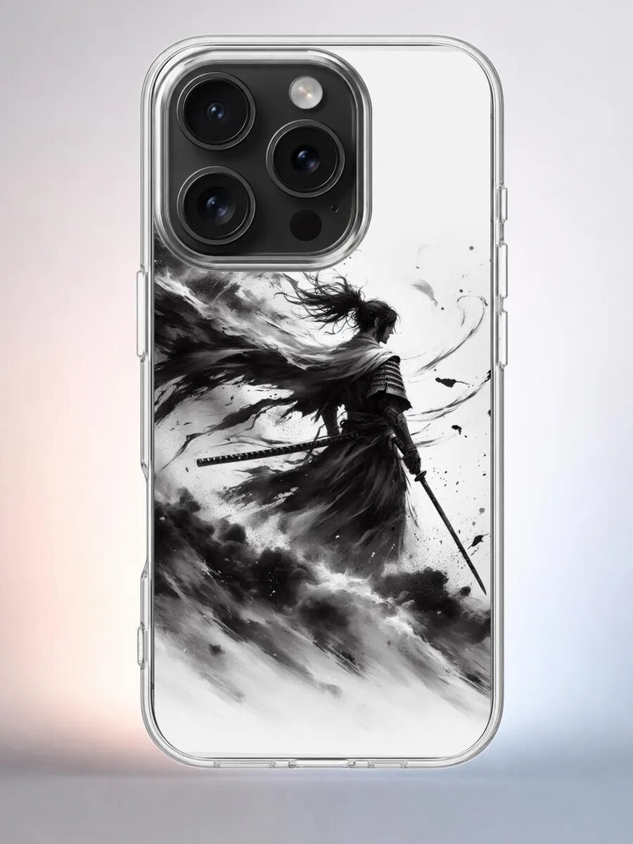 Чехол iPhone 15 Pro самурай в буре силиконовый прозрачный