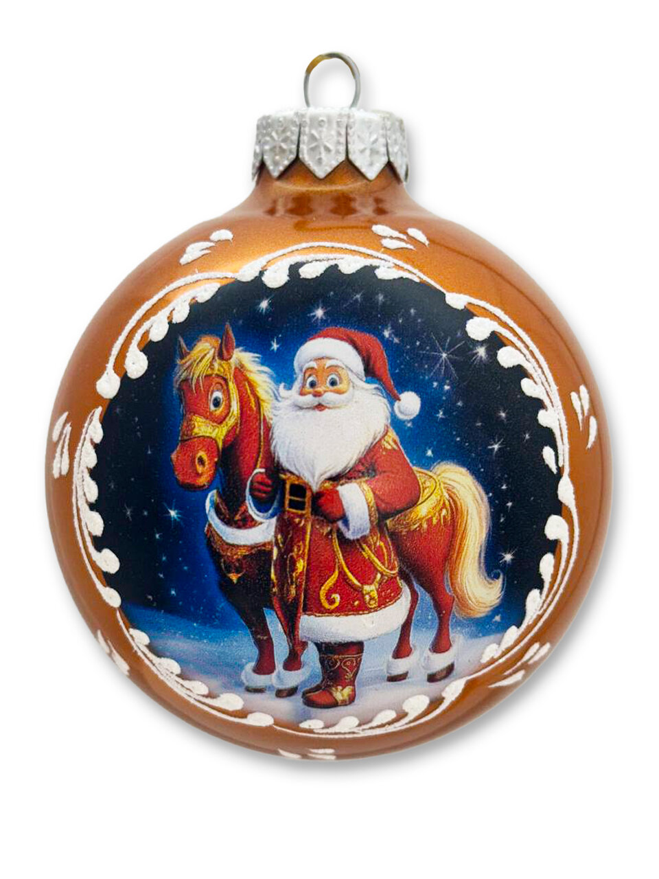 Елочный шар Ленигрушка Лошадка с Дед Морозом золотой шар 80 мм