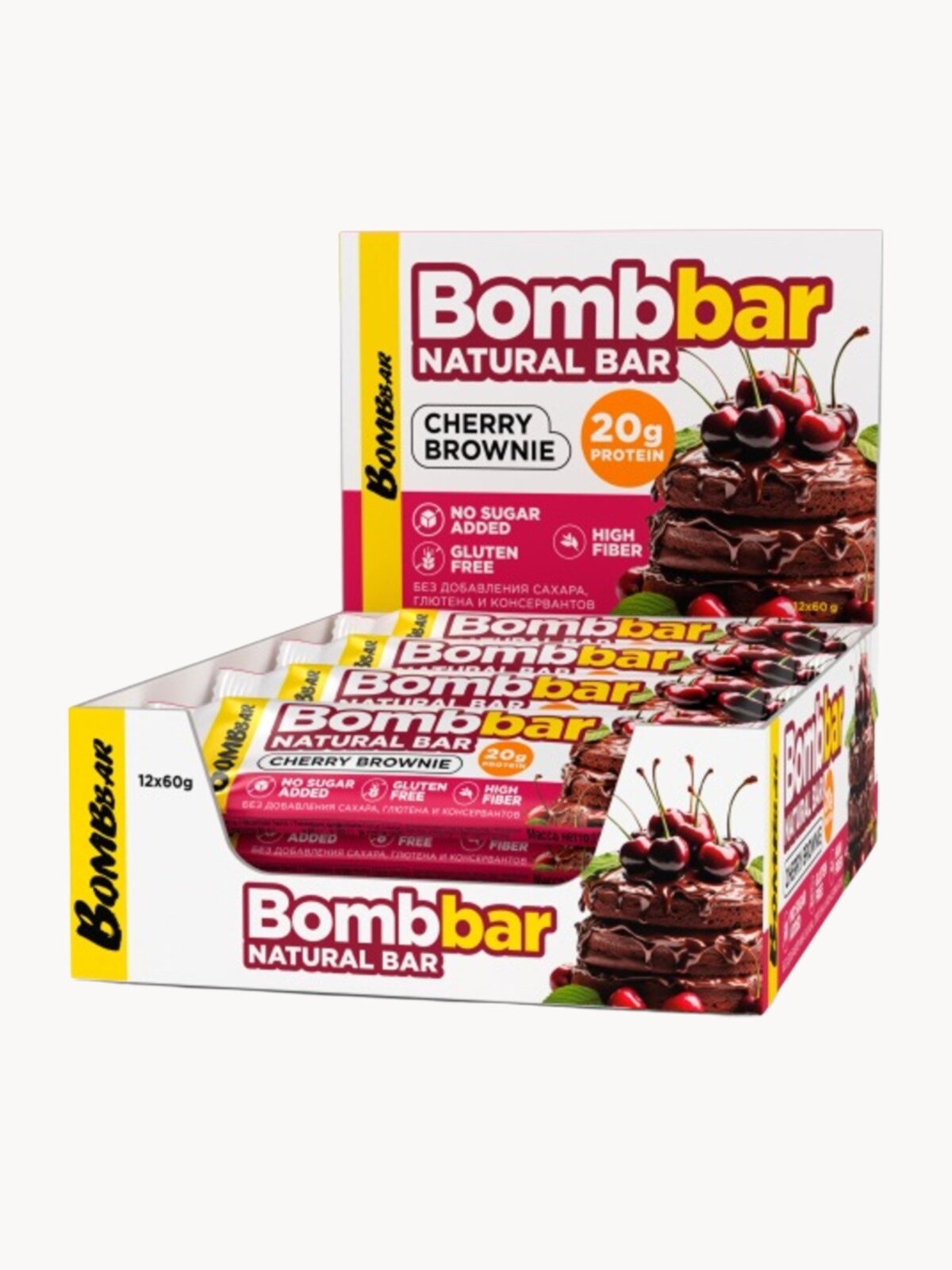 Bombbar Протеиновые батончики без сахара Вишневый брауни, 12шт х 60г