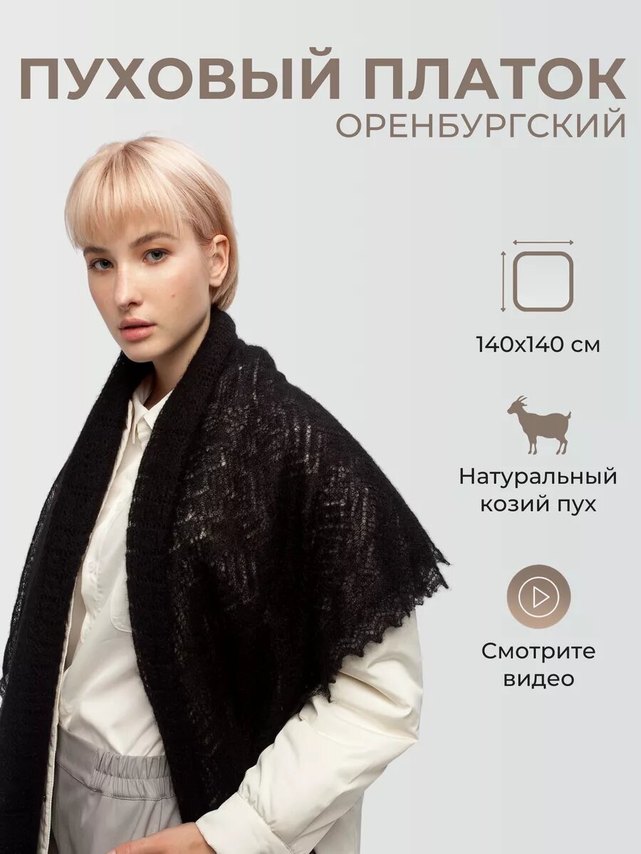 Платок Оренбургский пуховый платок для женщин,140х140 см, черный