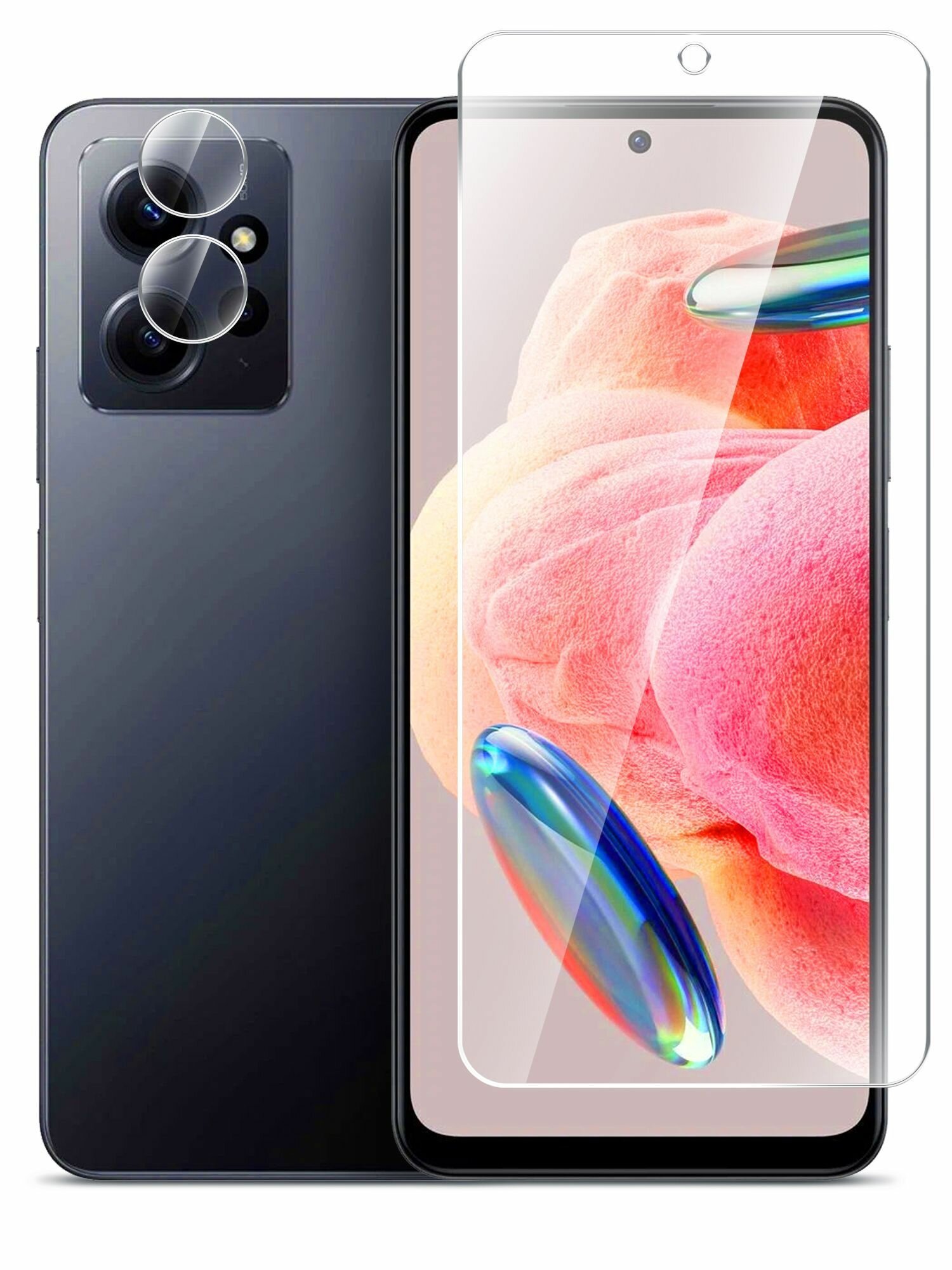 Защитное стекло на Xiaomi Redmi Note 12 (Ксиоми Редми Нот 12) на Экран и Камеру, (гибридное: пленка+стекловолокно), прозрачное силиконовая клеевая основа тонкое Hybrid Glass, Miuko — фото 1