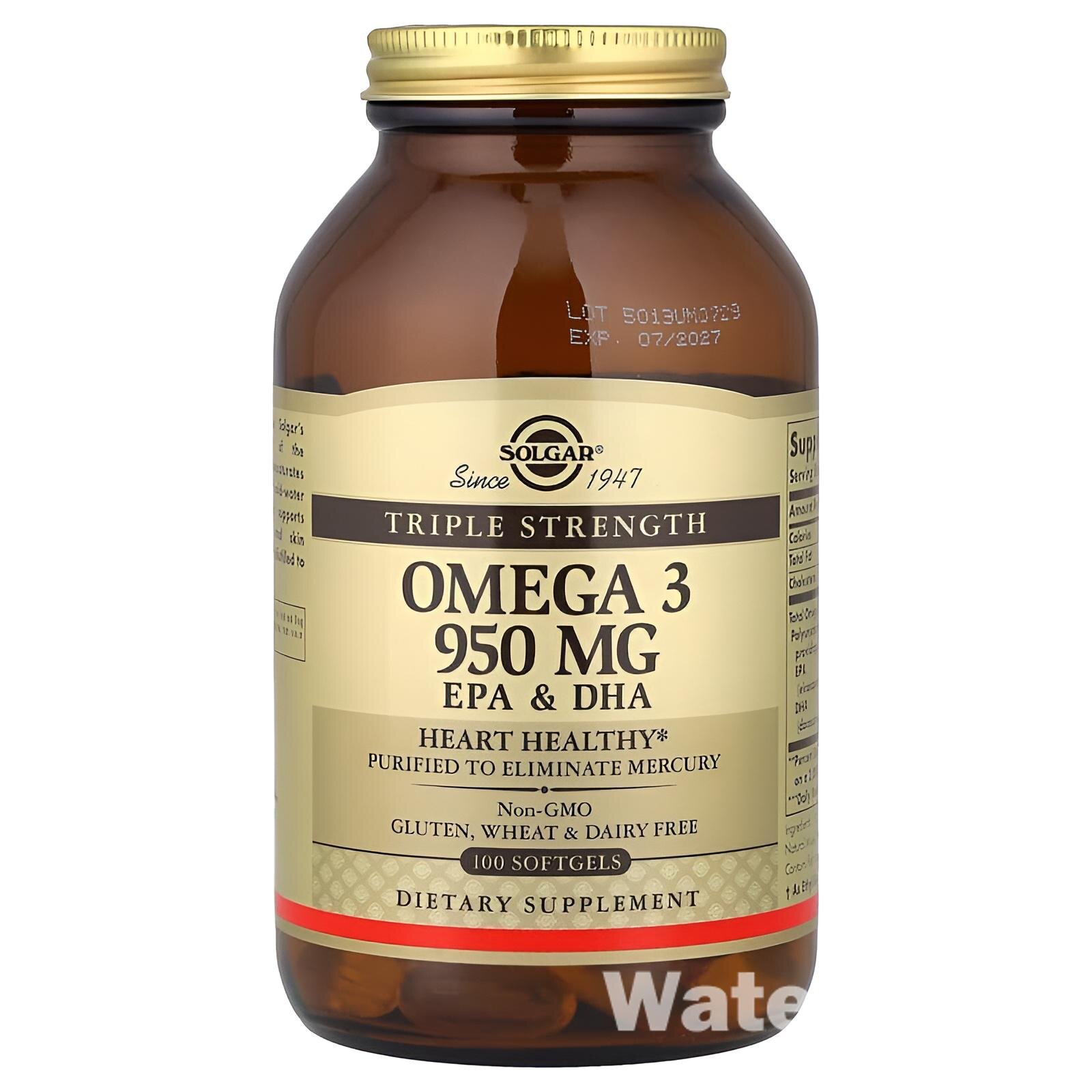 Омега-3 Solgar, без ГМО и глютена, 950 мг, для здоровья сердца, мозга, глаз и суставов, 100 шт.