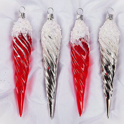 Изображение товара Набор елочных игрушек Сосульки Рифленые 15 см серебряные с красным, 4 шт, стекло, подвеска, Фабрика Елочка, С560-сер-кр