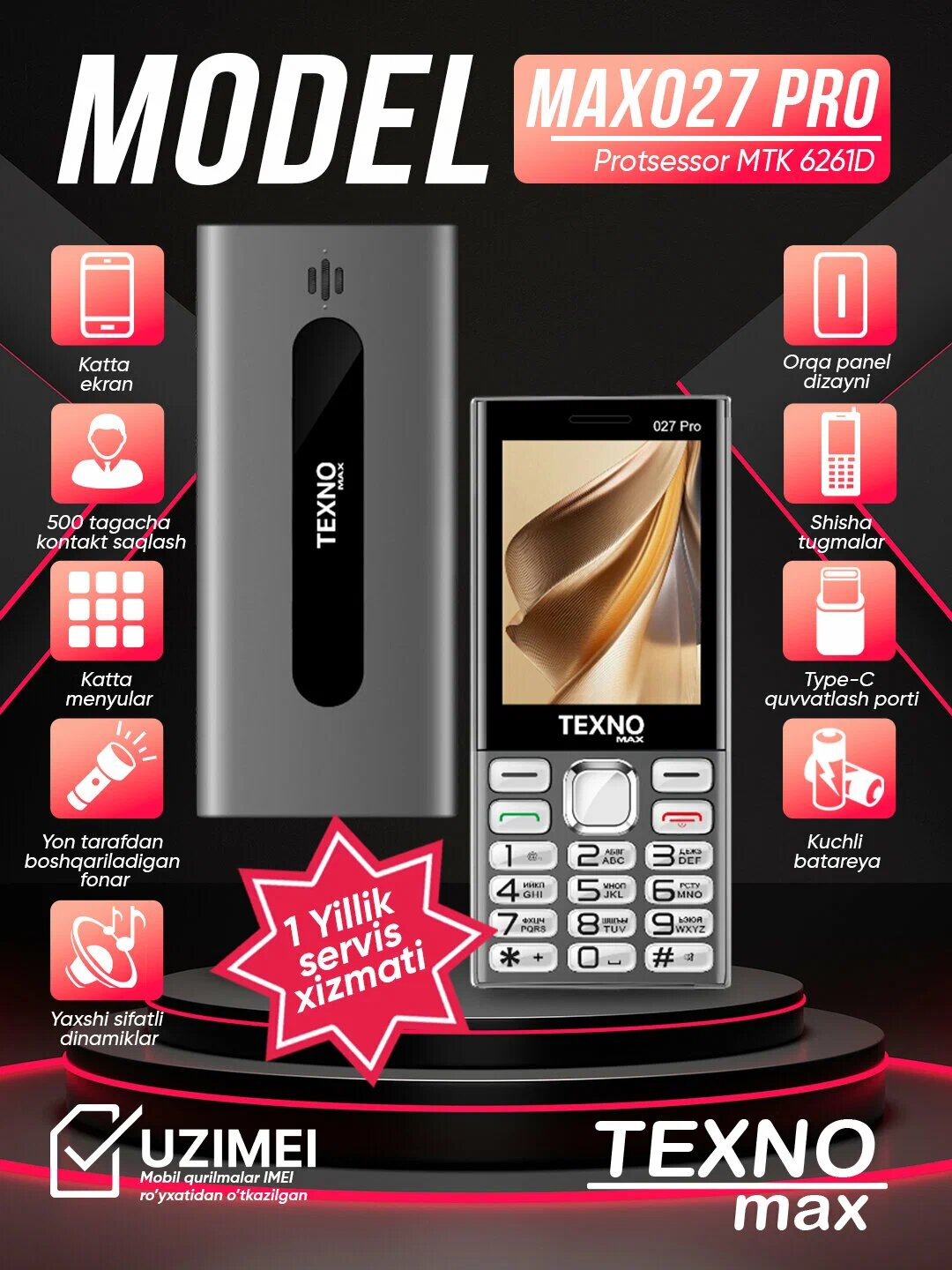 Телефон Texnomax "Max 027 Pro", кнопочный, Bluetooth, 2.8", TexnOS