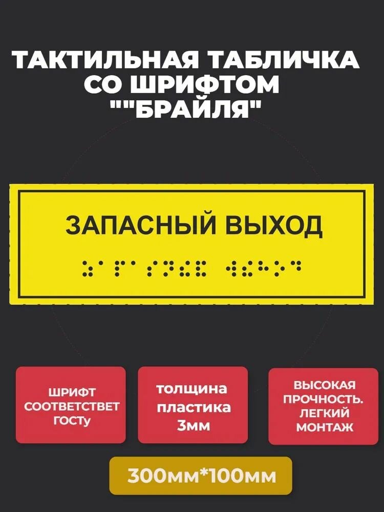 Тактильная табличка со шрифтом Брайля "Запасный выход" 100х300мм для инвалидов "Доступная среда" по ГОСТ 52131-2019 (Всё объёмное выпуклое) ПВХ 3мм