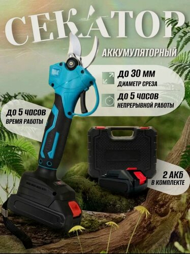 Изображение товара Секатор садовый, с аккумулятором, 48В, 2000мАч, 5 ч работы, диаметр 30мм, синий c дисплеем