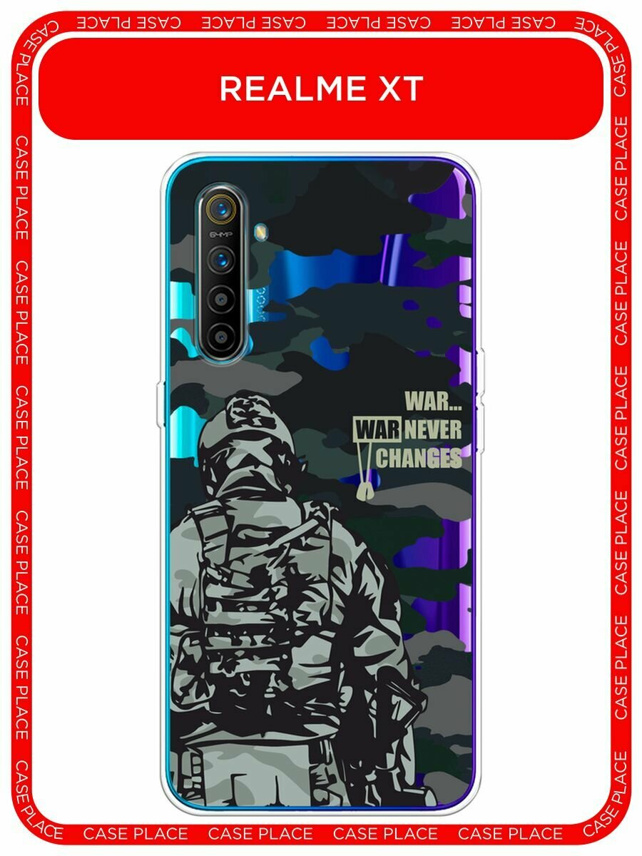 Чехол на Realme XT / Реалми XT с принтом "Камуфляж и солдат", прозрачный