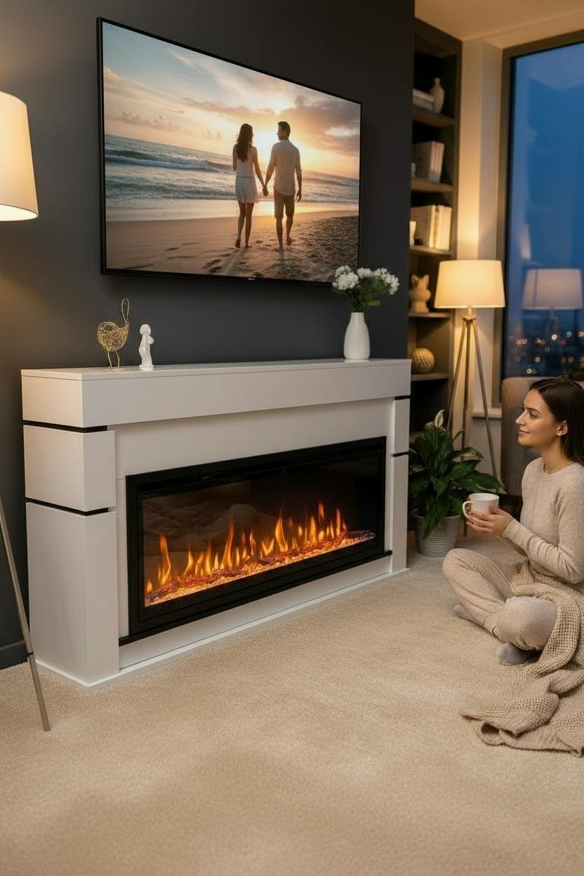 Камин электрический напольный Fires Merlin Линдос с очагом Safita 50 дюймов эффект звука и живого пламени (три муляжа)