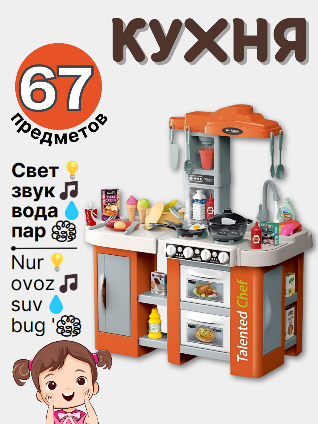 Детская кухня игрушечная с паром, звуком, светом и водой, набор посуды, кухня игровая