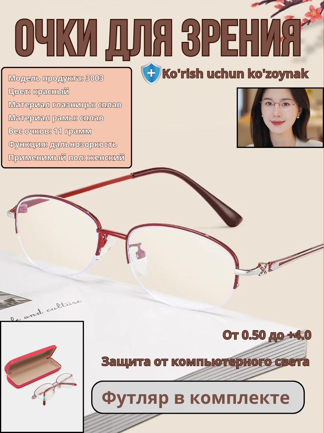 Очки для зрения от +0.5 до +4.0, удобные для повседневного ношения/+3.5
