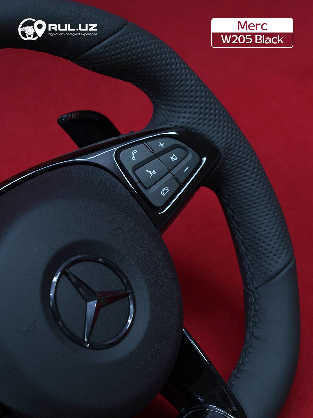 Руль Mers 205 BLACK, чёрный, глянцевый, перфорированный, для нескольких моделей автомобилей — фото 1