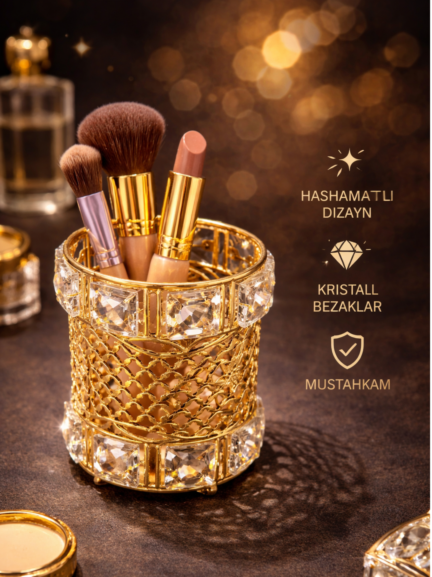 Органайзер для косметики , металл, золотистый каркас, cтильный дизайн, прочный материал