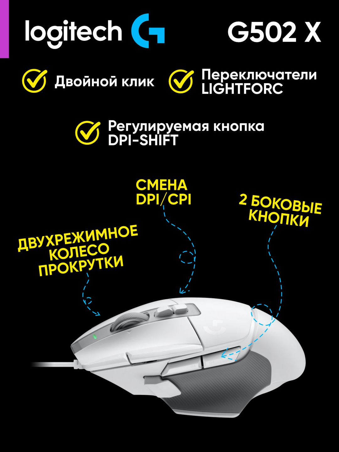 Проводная мышь Logitech G502 X, USB-A, оптический сенсор HERO 25K, белый/серый, L910-006146 — фото 1