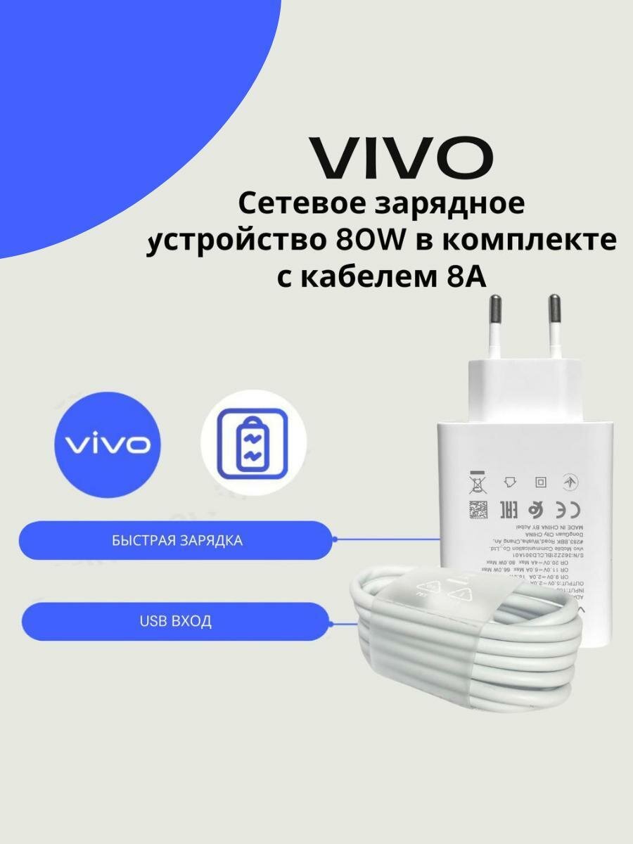 Сетевое зарядное устройство для Vivo 80W с USB входом в комплекте с кабелем Vivo USB Type-C 8A