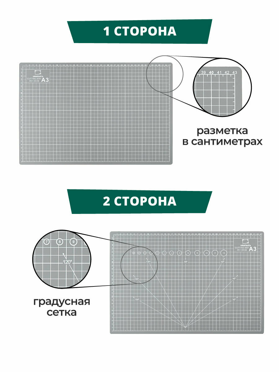 Коврик для резки Малевичъ 5 слойный, серый, двухсторонний, А3 — фото 1