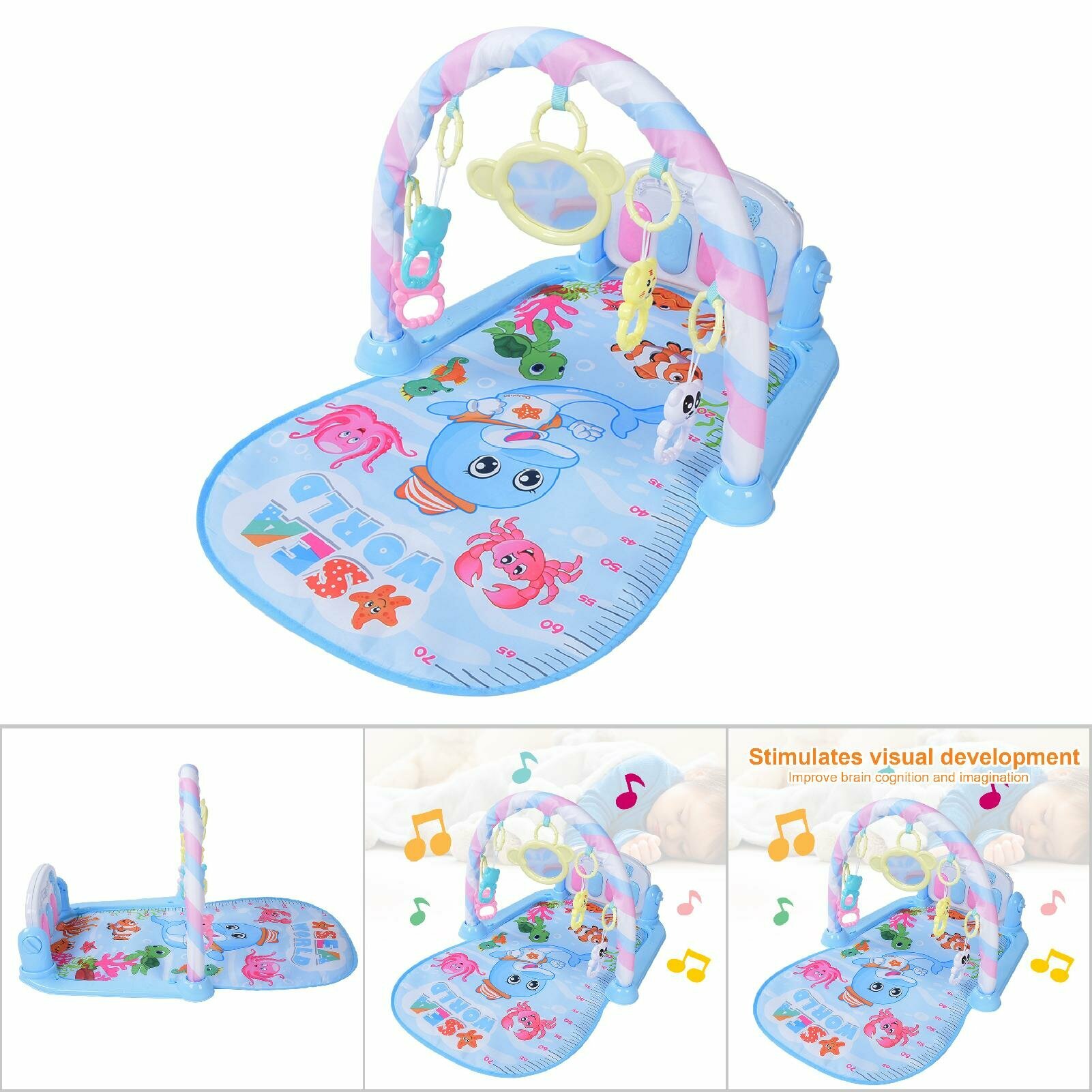 Музыкальный маты Baby с фитнес-стойкой, 0-36 месяцев, развивающий, с педалями и светом, синий