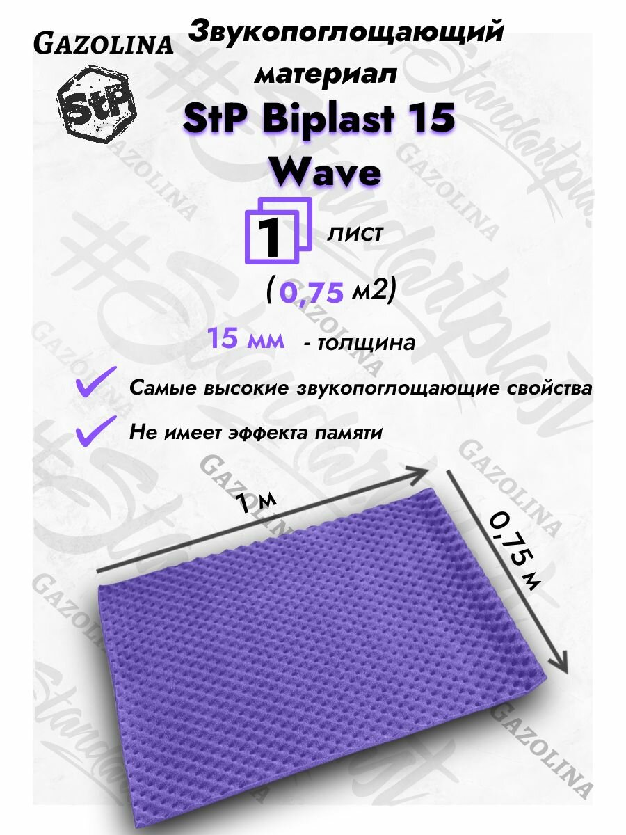 Акустический поролон StP Biplast 15 Wave (1м х 075м) 1 лист / шумоизоляция для автомобиля волна / Звукопоглощающий материал Бипласт 15 Вейв самоклеющийся