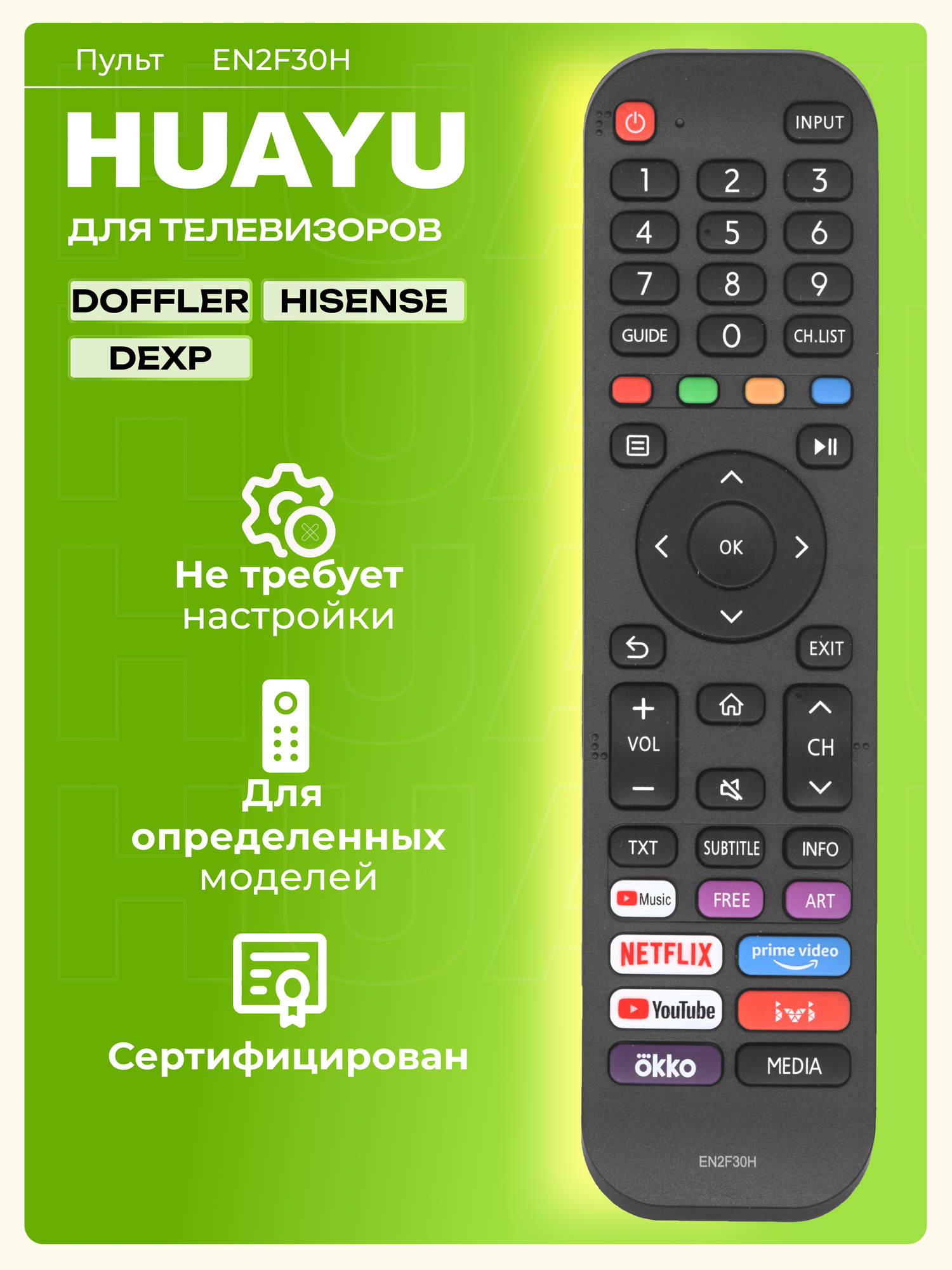 Пульт Huayu EN2F30H для телевизоров разных брендов, работает без настройки, HOB2846