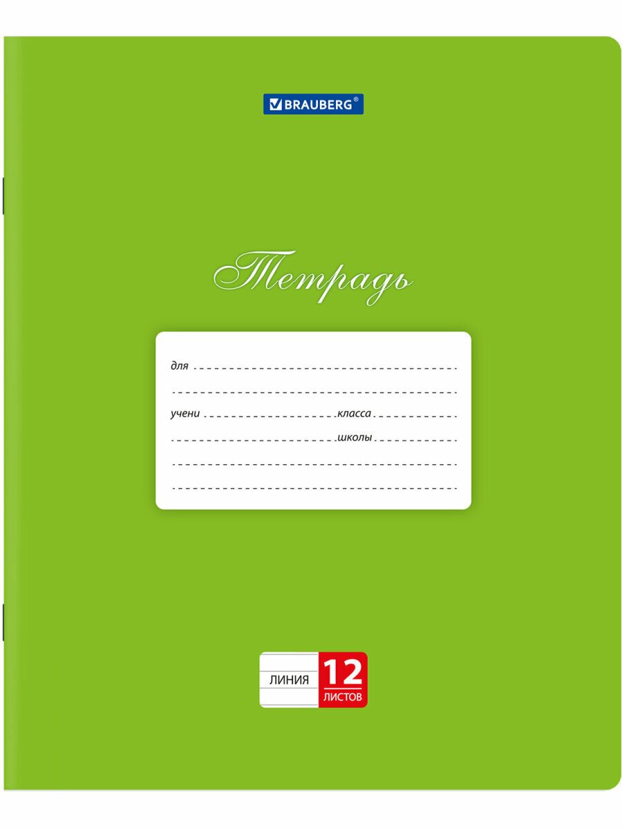 Тетради 12 л, Комплект 20 шт, Brauberg Классика, линия, обложка картон, Зеленая, 106963 — фото 1