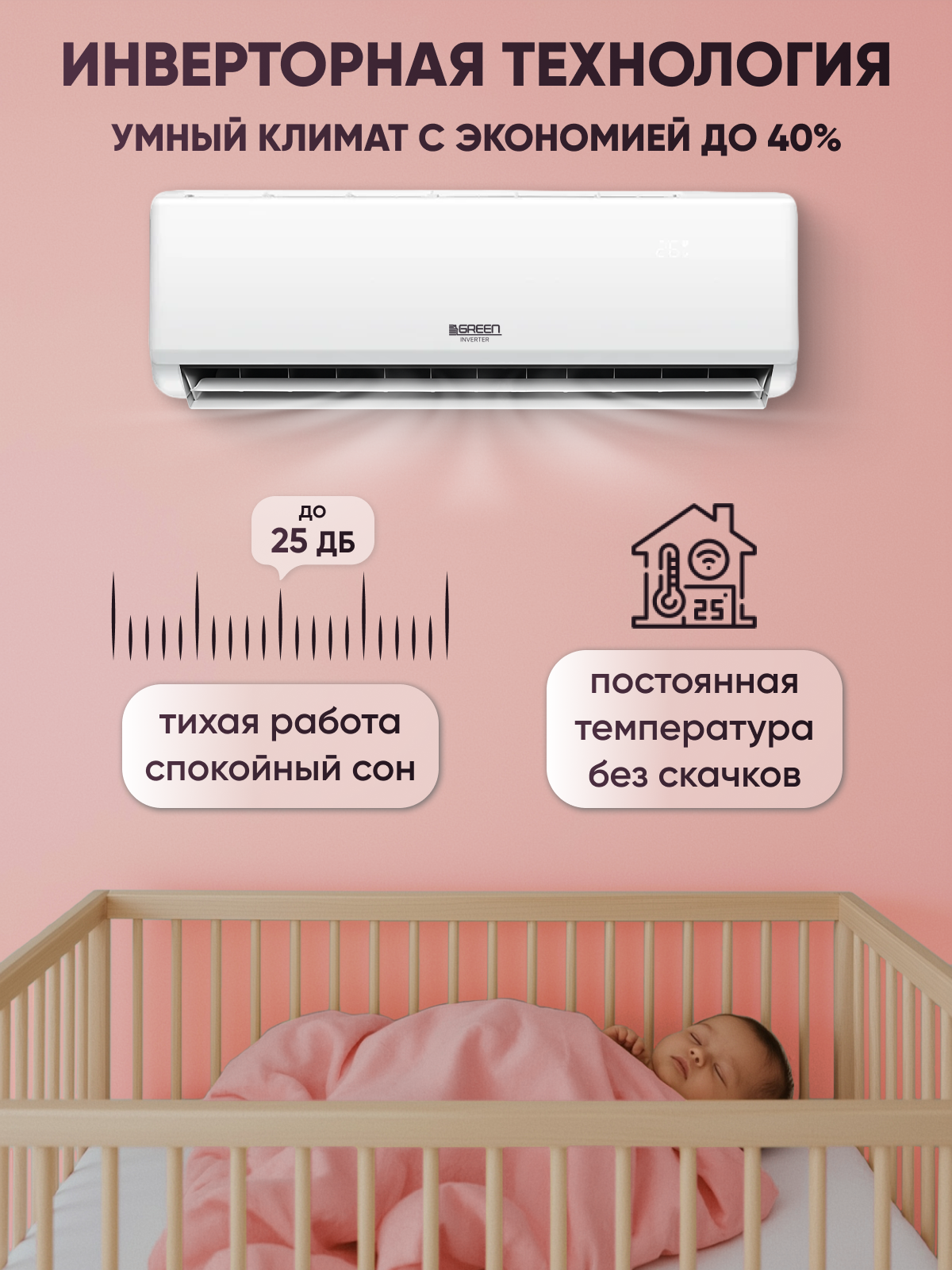 Сплит-система GREEN TSI-07HRIY2, инверторный кондиционер для дома, на 20 м², 7000 BTU, пульт д/у в комплекте, белый — фото 1