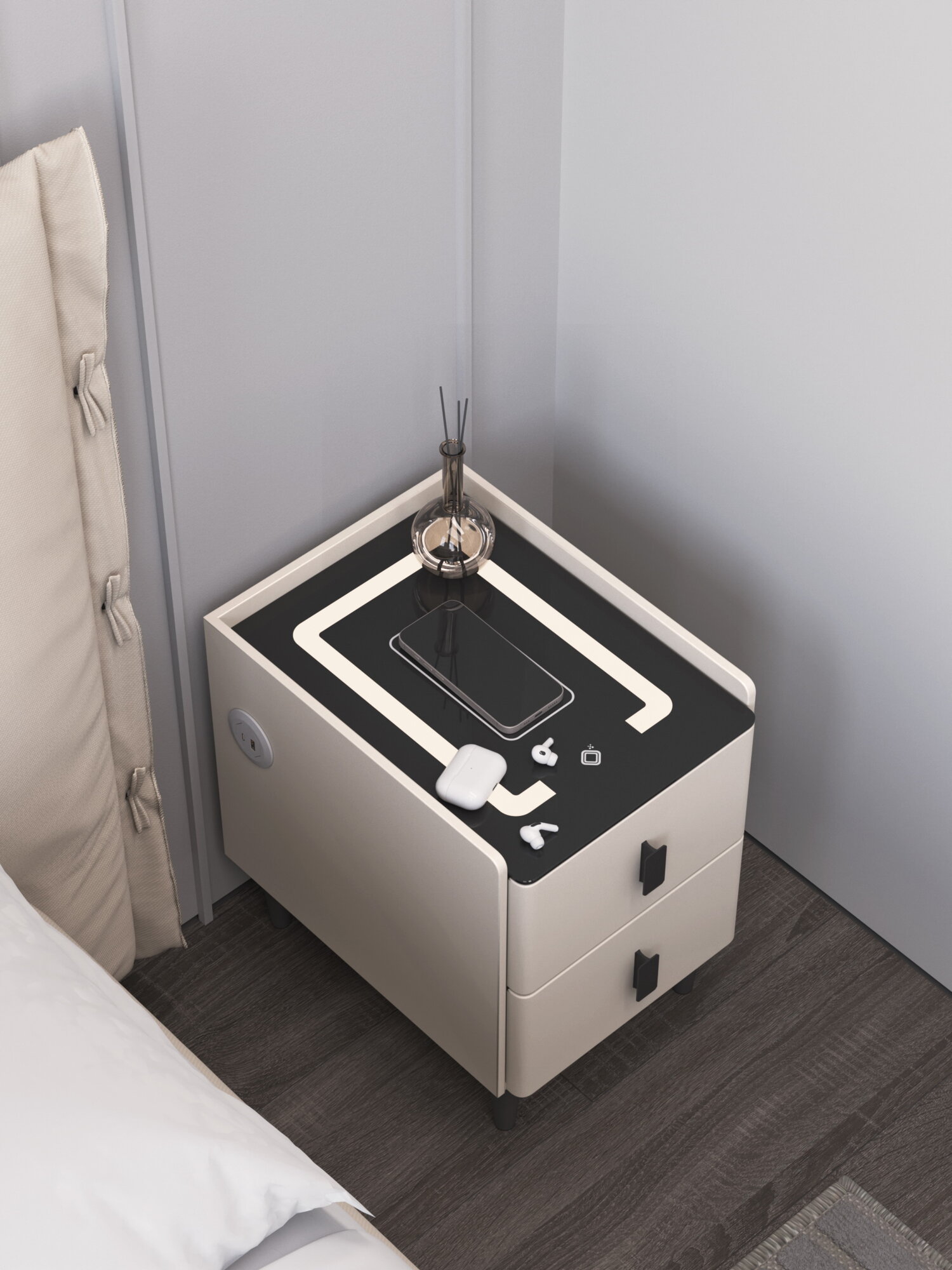 Тумба прикроватная LevelMore с беспроводной зарядкой, подсветкой и эко кожей, 30x40x45 см, 2 ящика