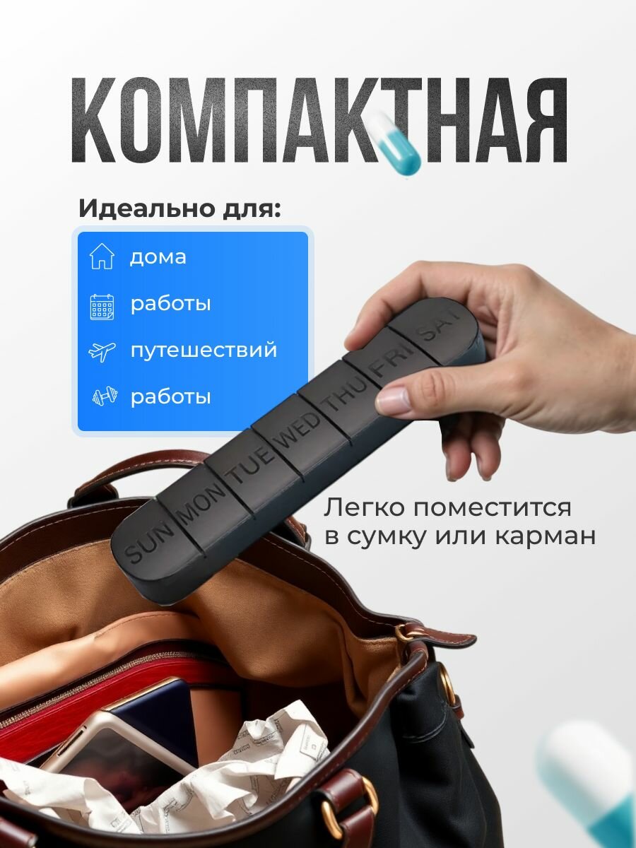 Контейнеры Для Лекарственных Препаратов Таблетница на неделю, контейнер на неделю для таблеток цвет черный