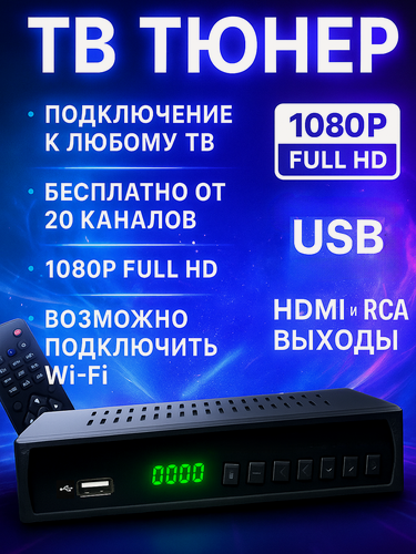 Изображение товара Тв тюнер для телевизора, тв тюнер dvb t2, цифровая приставка для телевизора, 1080p, пульт ДУ, прием DVB-T2, вход HDMI