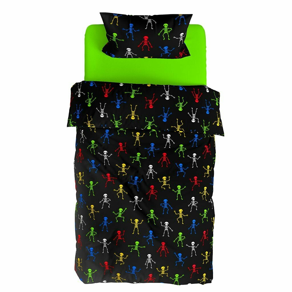 Постельное белье, комплект 1,5 спальный "Вы узнали - Я скелет/Салатовый", 3 предмета, перкаль 110г/м2, наволочка 50х70см