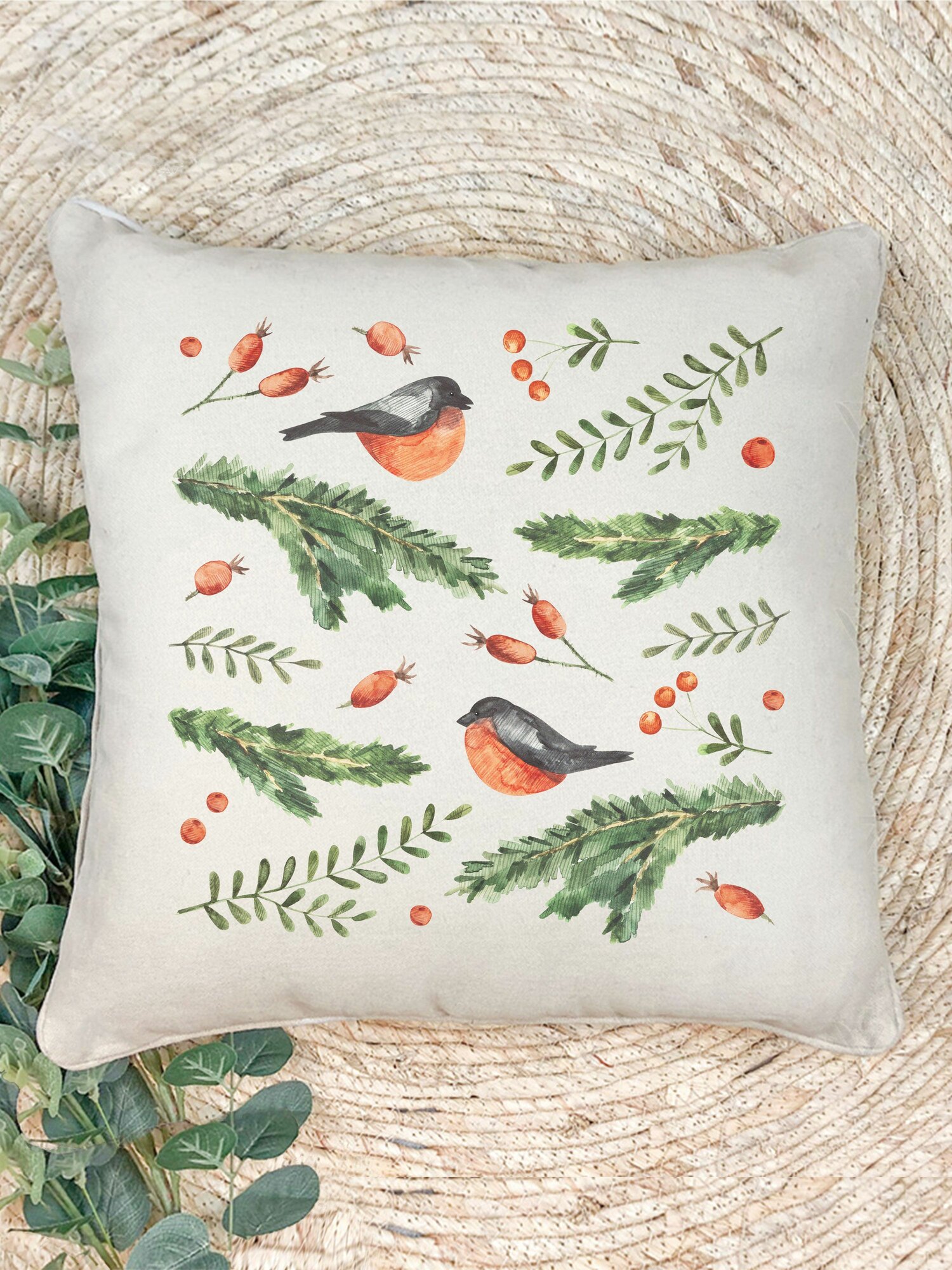 Наволочка для декоративной подушки Gerasim "Снегири на ветке", 41х41 см, эко-ткань хлопок/полиэфир