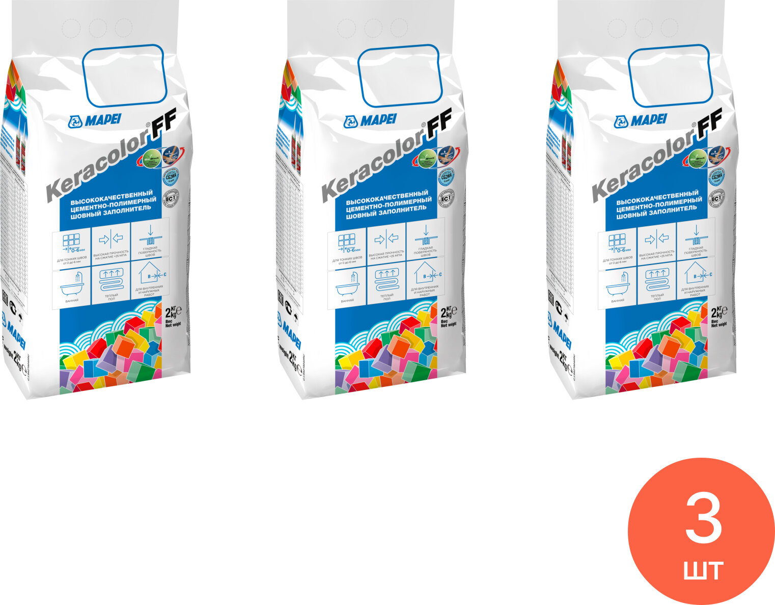 Затирка Mapei / Мапей Keracolor FF для плиточных швов сухая водоотталкивающая цементно-полимерная цвет №111 светло-серый 2кг / строительные смеси (комплект из 3 шт)