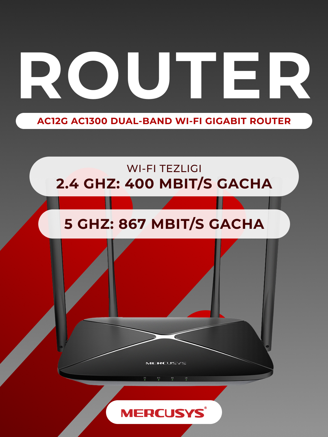 Mercusys AC12G AC1300 Wi‑Fi роутер — Dual‑Band, стабильно быстрое покрытие, идеален для дома!