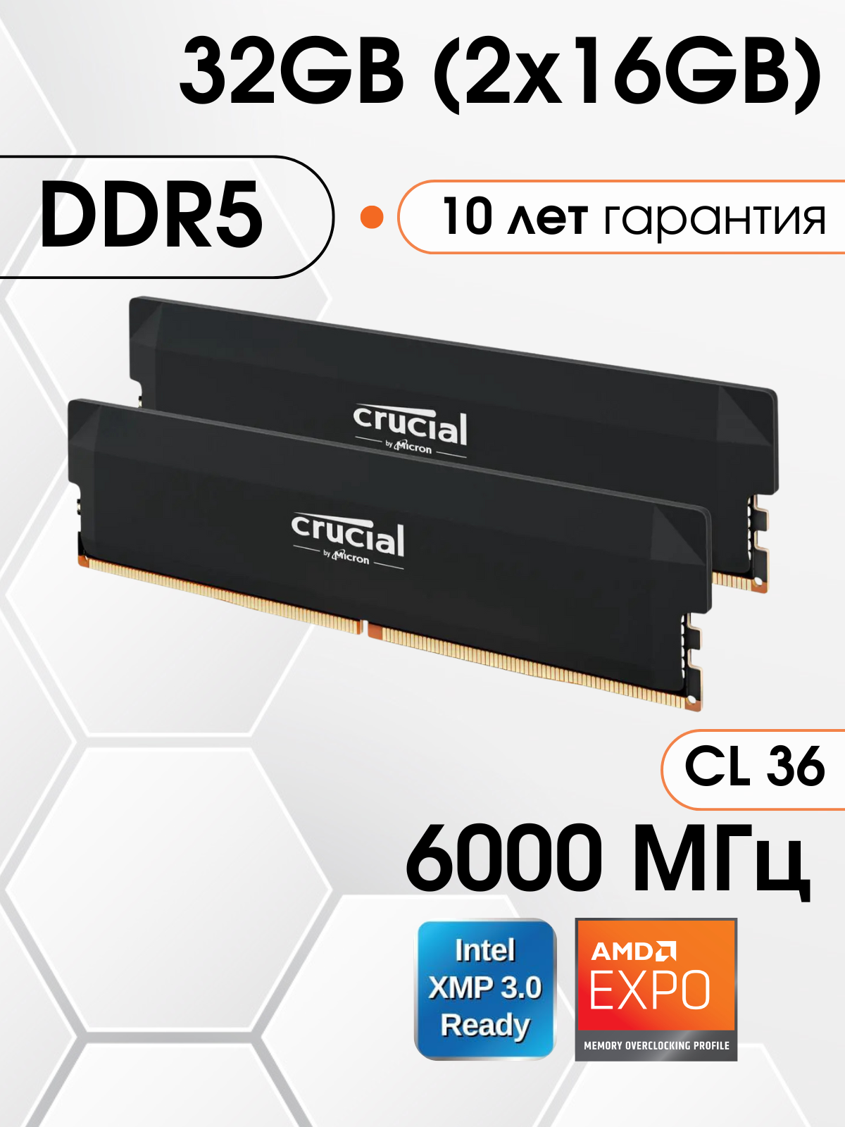 Оперативная память DDR5 Crucial Pro 32 ГБ (Intel XMP 3.0/AMD Expo) 6000 36-38-38-80, 2x16 ГБ, CP2K16G60C36U5B