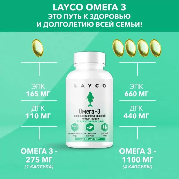 Омега-3 для детей с 3-х лет и взрослых для укрепления иммунитета Layco/Лайко капс 60 шт — фото 1
