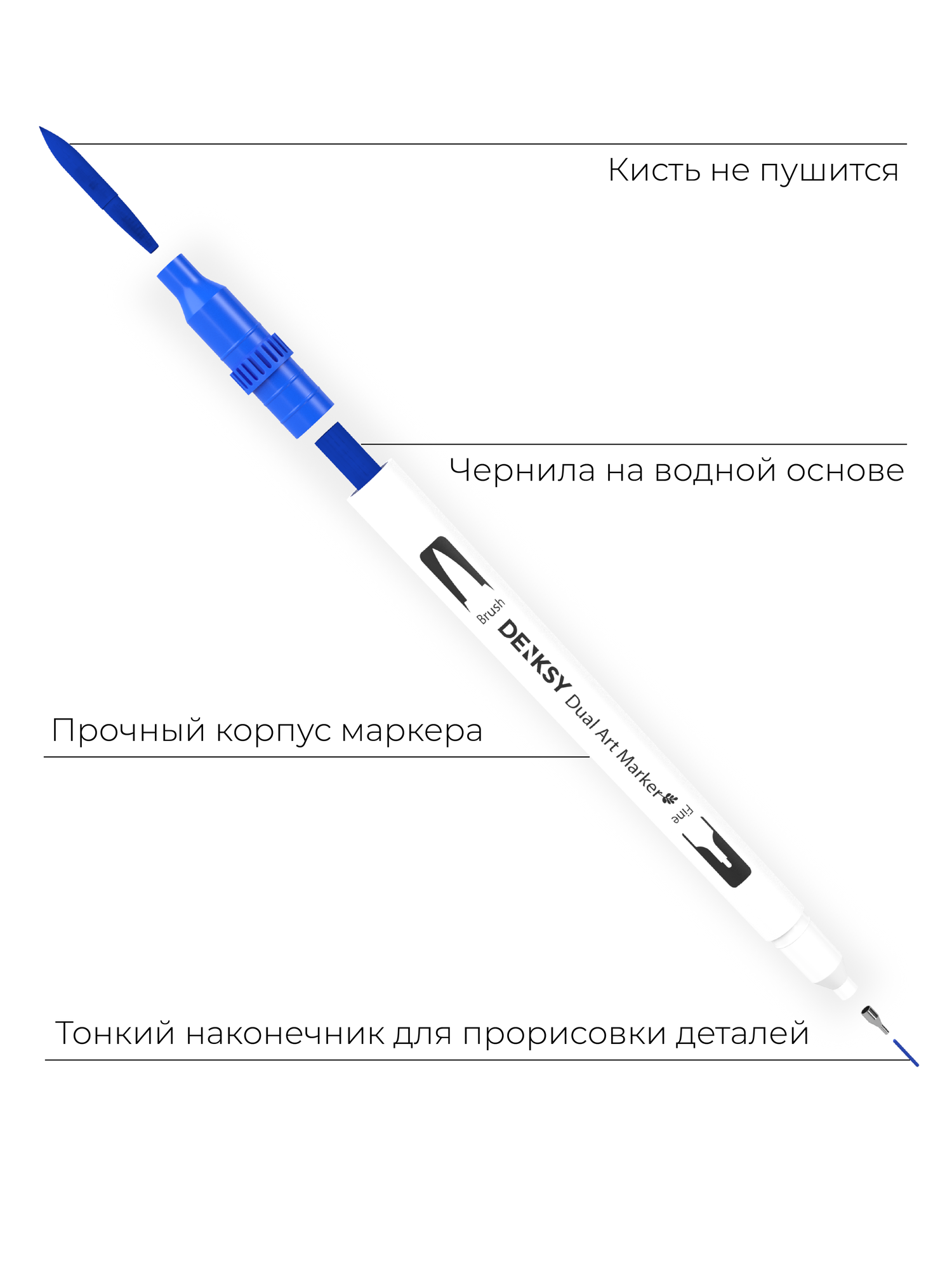Маркеры акварельные для скетчинга DENKSY, 24 цвета, двусторонние (кисть 1-2 мм, линер 0,4 мм), корпус белый — фото 1