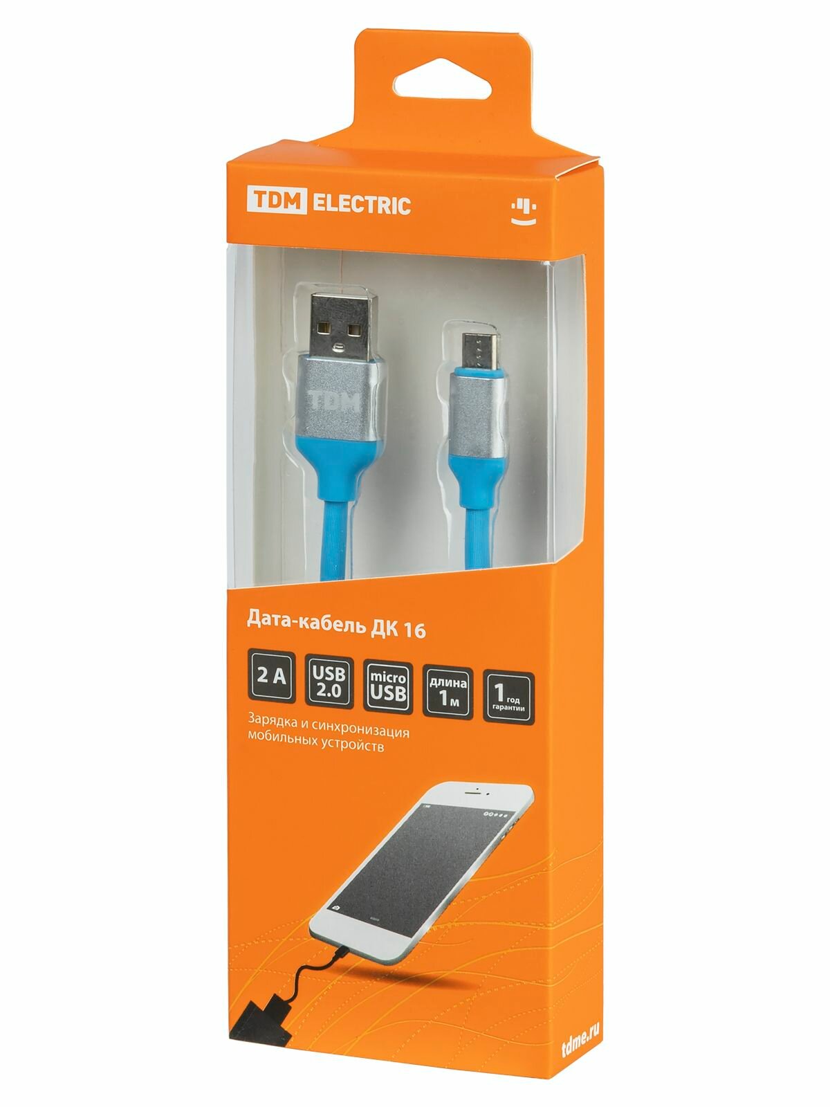 Кабель micro USB 1 м, силиконовая оплетка, голубой, TDM ELECTRIC — фото 1