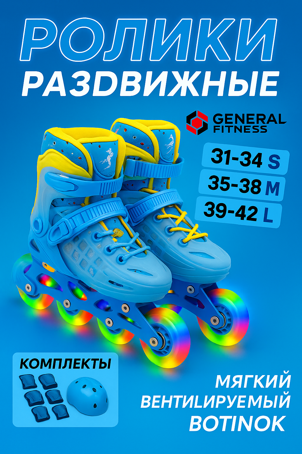 Роликовые коньки General Fitness, раздвижные, с тормозом, 4 колеса