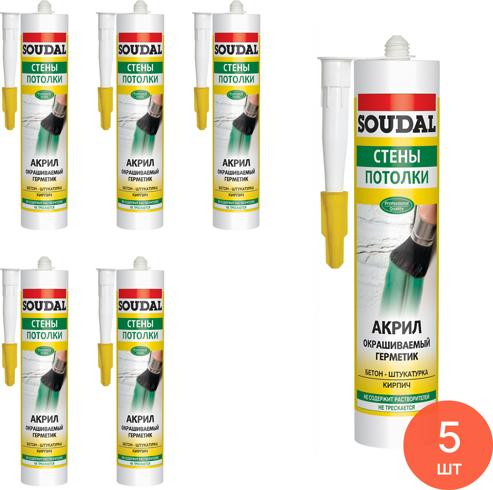 Герметик акриловый Soudal / Судал Акрил окрашиваемый для стен и потолков белый 300мл / строительство и ремонт (комплект из 5 шт)