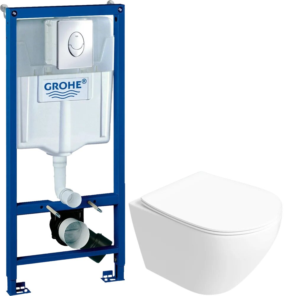 Комплект 5 в 1: Инсталляция Grohe Rapid SL 38721001 / Унитаз подвесной Кронборг S28401WH безободковый / Сиденье с микролифтом Кнопка Skate Air Крепления